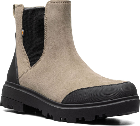 Taupe ankle-high suede Chelsea boot with black elastic side panels and a black rubber sole.