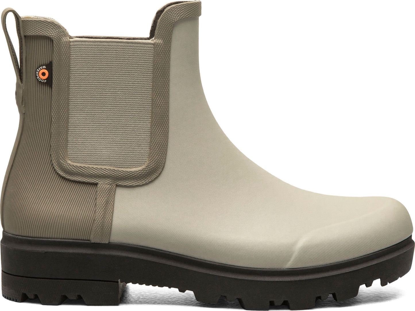 A two-tone grey, waterproof ankle boot with black lug sole and heel.
