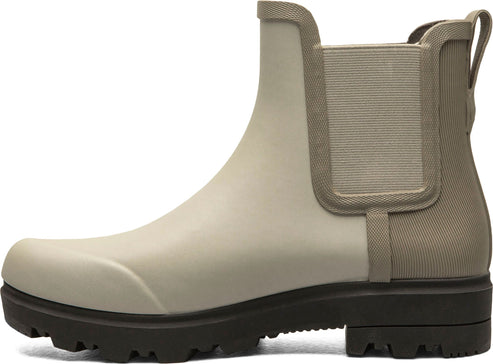 Ankle-high boot with light grey rubber upper and dark grey textured elastic side panels and sole.
