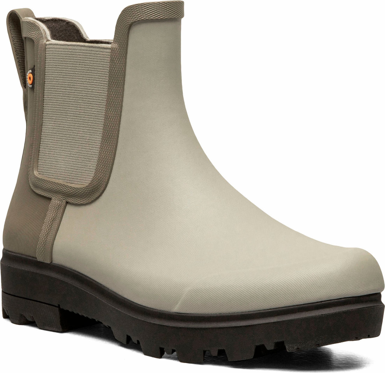 Beige chelsea style rubber rain boot with dark gray lug sole.
