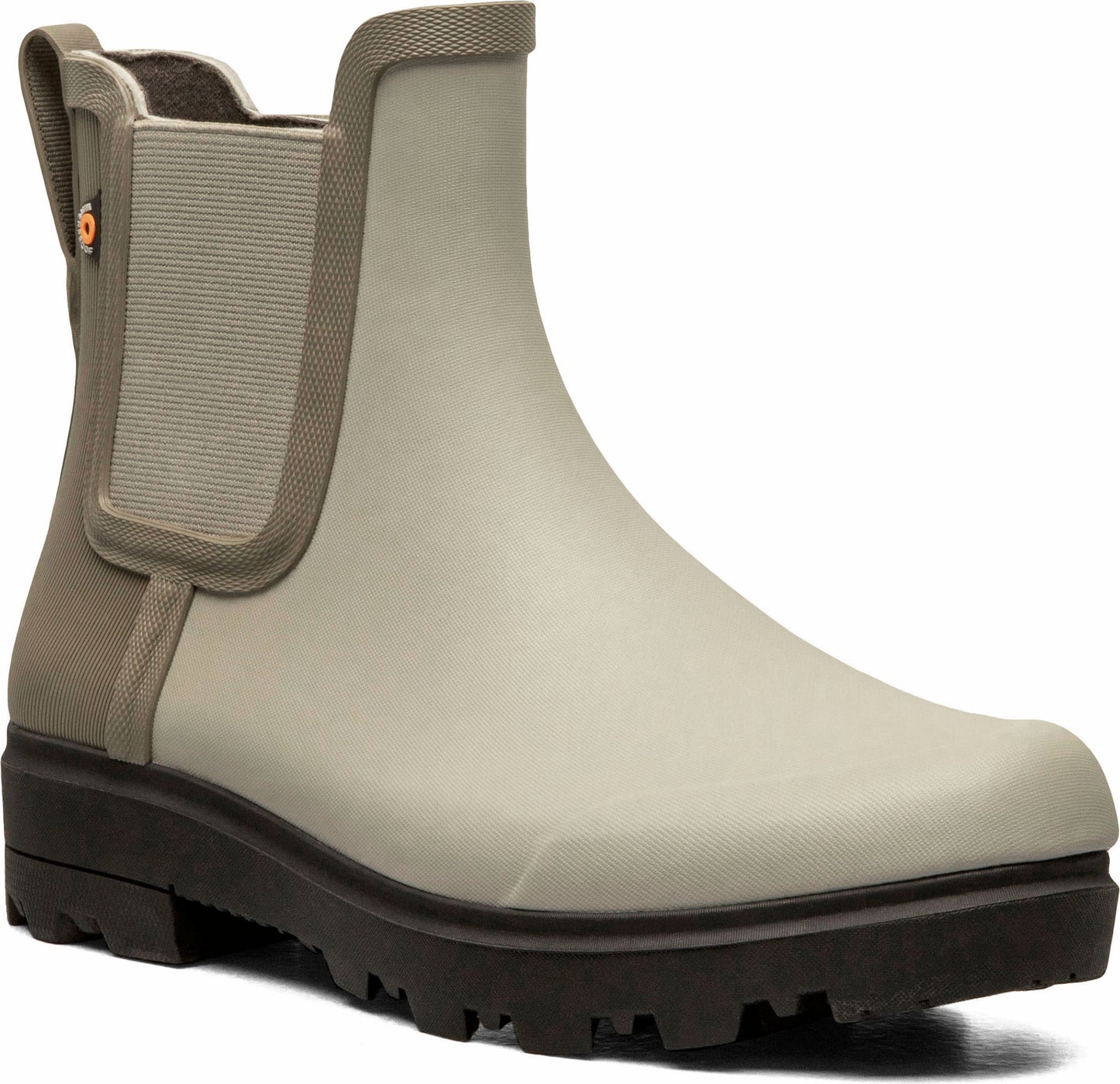 Beige chelsea style rubber rain boot with dark gray lug sole.