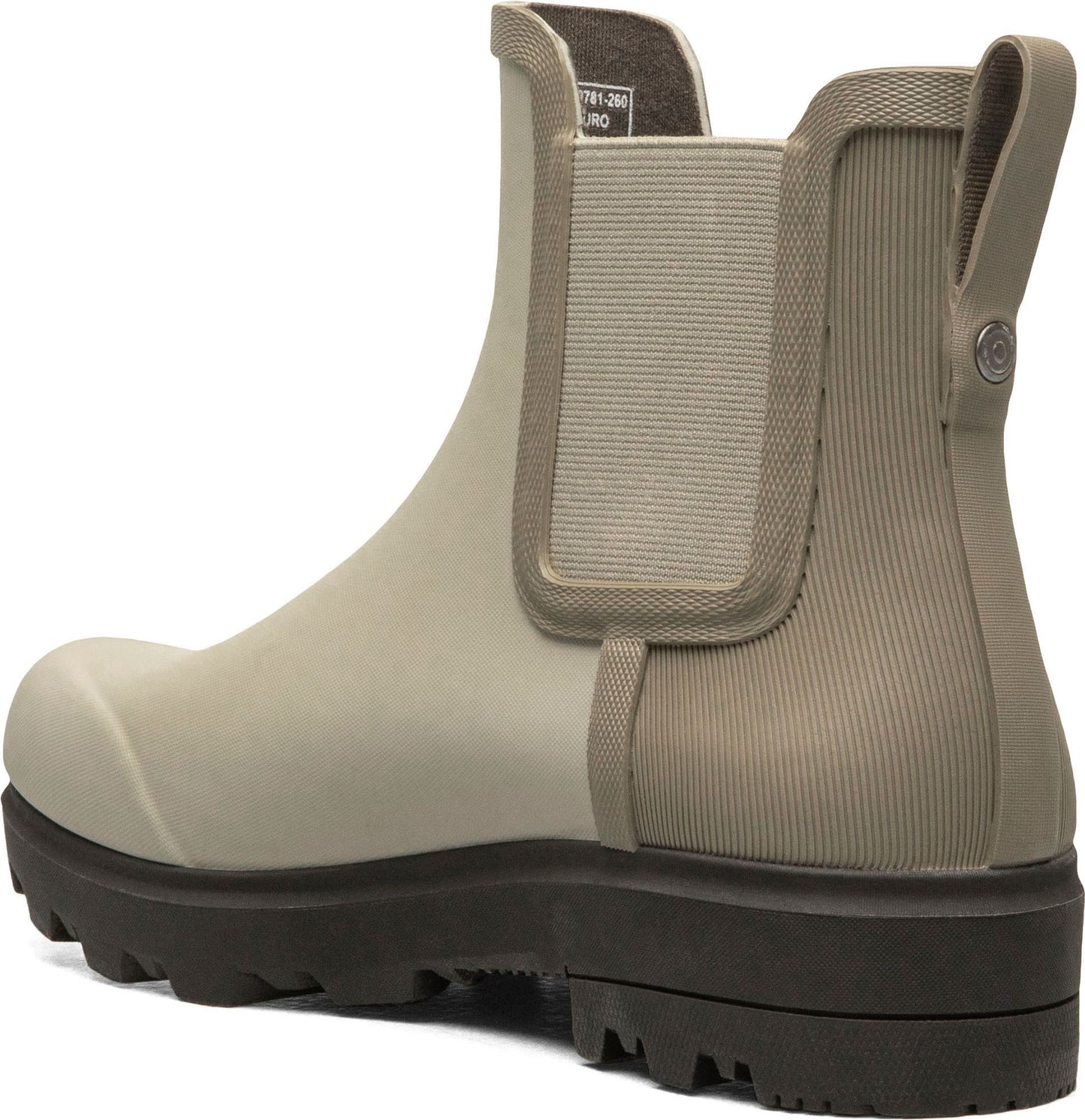 Khaki ankle rainboot with elastic side gore and lug sole, back view.