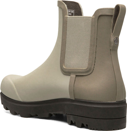 Khaki ankle rainboot with elastic side gore and lug sole, back view.