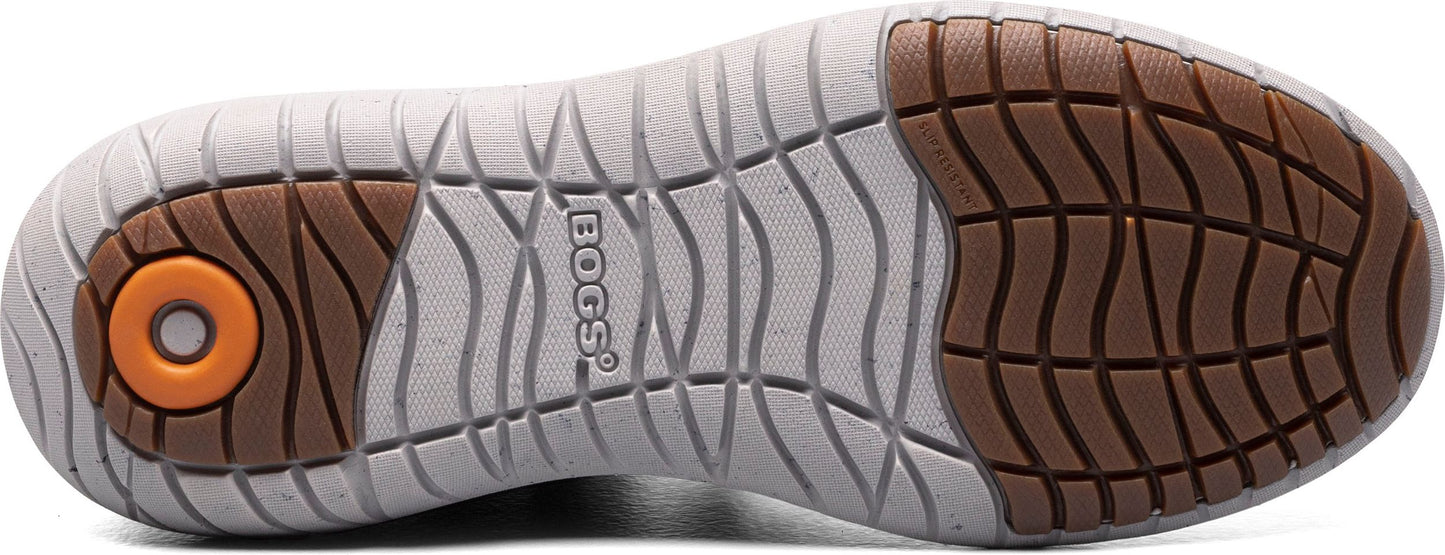 The sole of a shoe features a circular design with a visible orange ring, and the word 'BOGS' is printed on the sole.