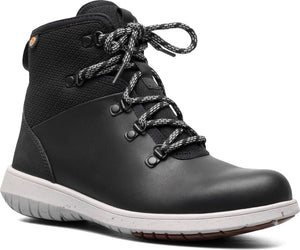 Black ankle-high boot with gray and white shoelaces and a gray and white sole.