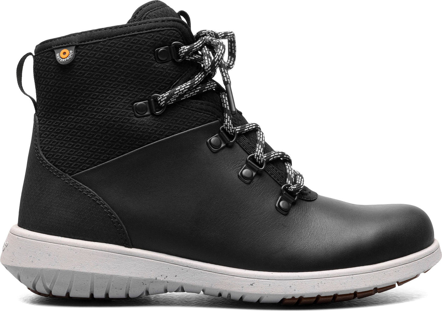 Black ankle boot with grey and white laces and white midsole.