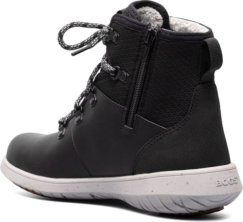 Ankle-high black boot with laces and side zipper.