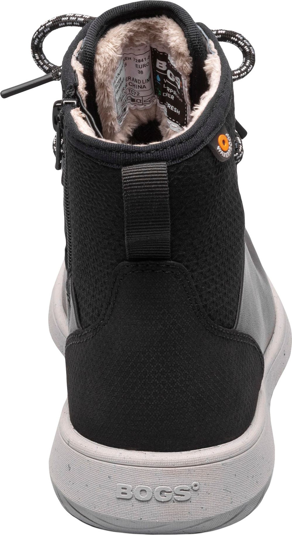 The back view of a high-top sneaker boot with black upper, gray sole, side zipper, and faux fur lining.