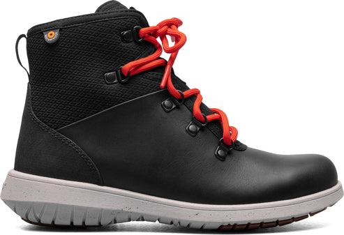 A black leather ankle-high boot with red laces and a grey sole.