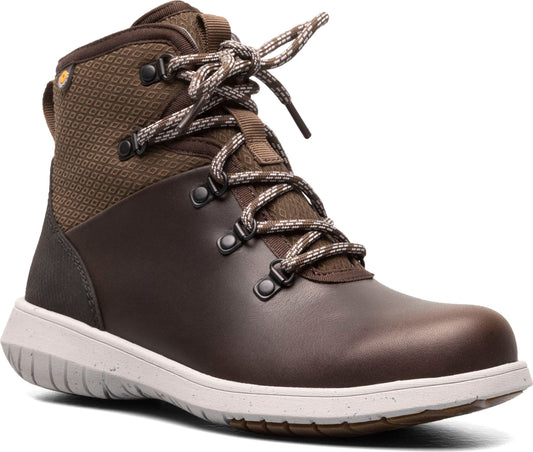 A brown ankle-height boot with patterned textile upper and a white sole.