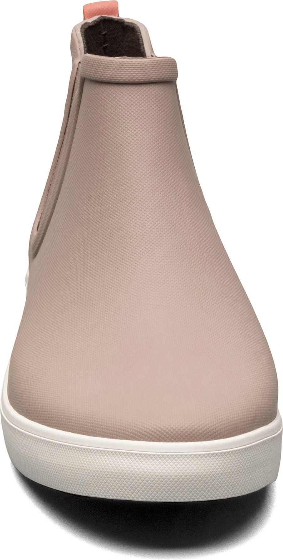 Front view of a matte taupe Chelsea-style boot with a white sole and a pink pull tab.