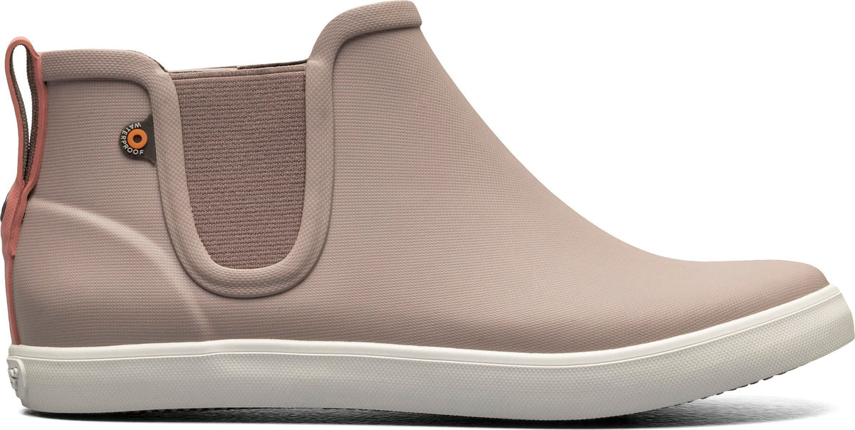 Taupe rubber ankle boot with elastic inserts, white sole, and orange pull tab.