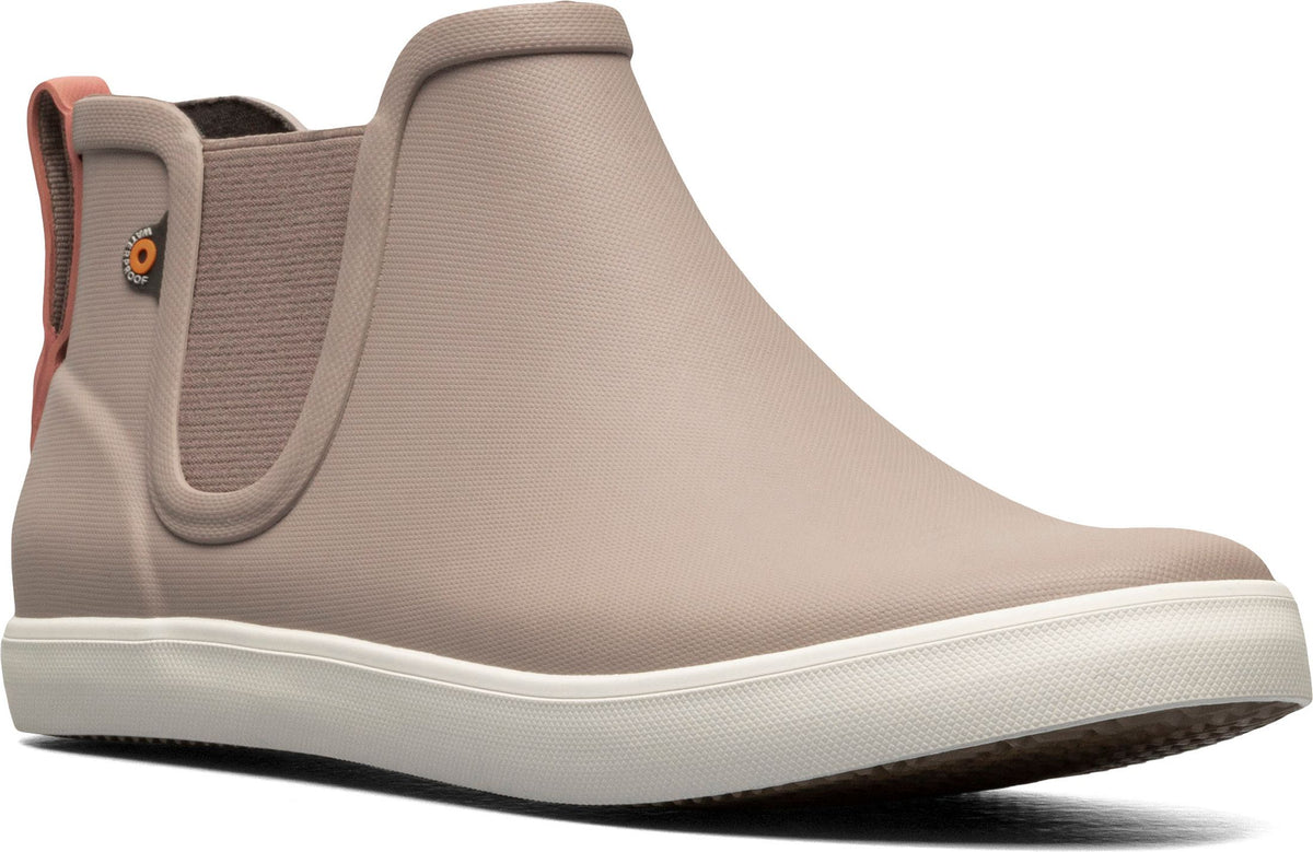 Slip-on light brown sneaker-style rain boot with peach-colored heel pull.