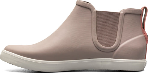 A taupe-colored rain boot with a white sole and a pull tab on the heel.