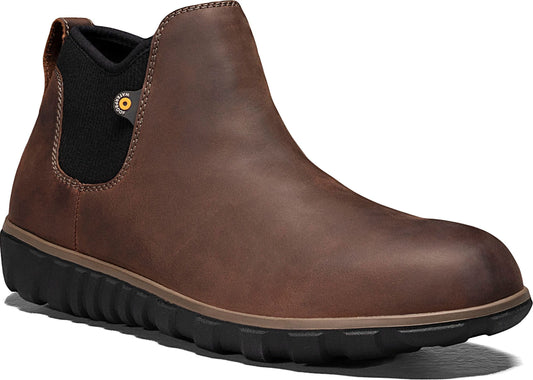 Brown leather slip-on boot with black elastic sides and sole.