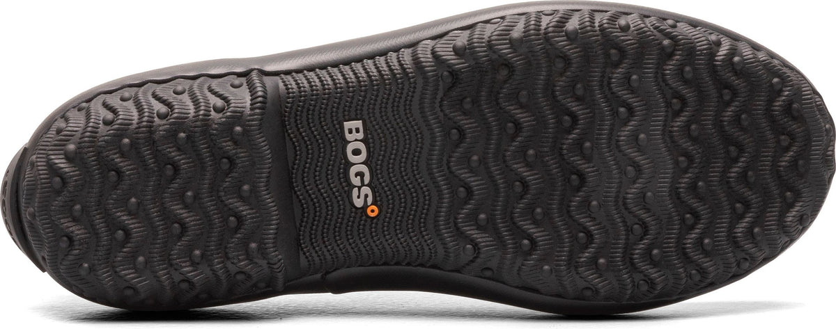 Black shoe sole with patterned ridges and the word "BOGS"