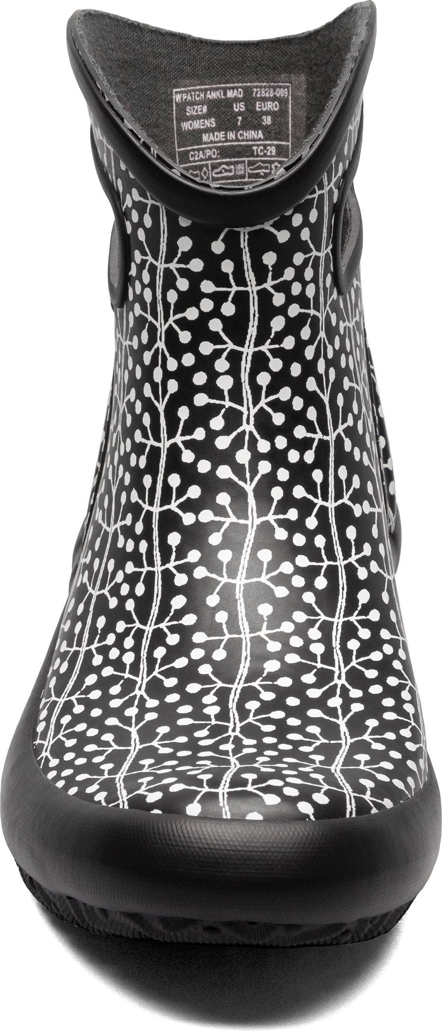 A black short boot with a white botanical print.