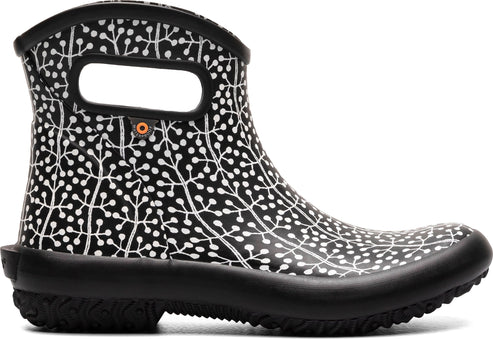 Black ankle boot with a white botanical-inspired print, featuring a low heel and cutout handles.
