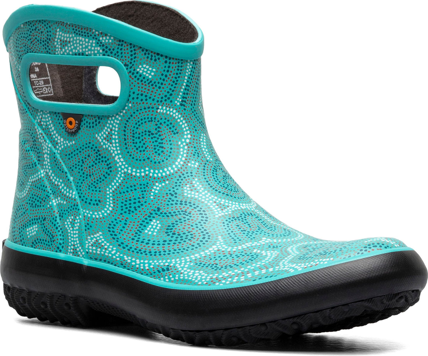 Turquoise and white dotted patterned rain boot with a black sole and turquoise trim.