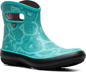 Turquoise and white dotted patterned rain boot with a black sole and turquoise trim.