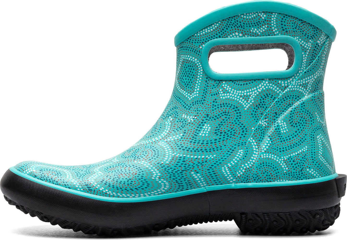 Ankle-high teal rain boot with white pattern, pull-on loop, and black sole.