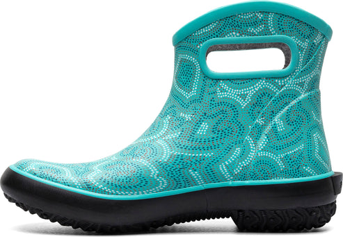 Ankle-high teal rain boot with white pattern, pull-on loop, and black sole.
