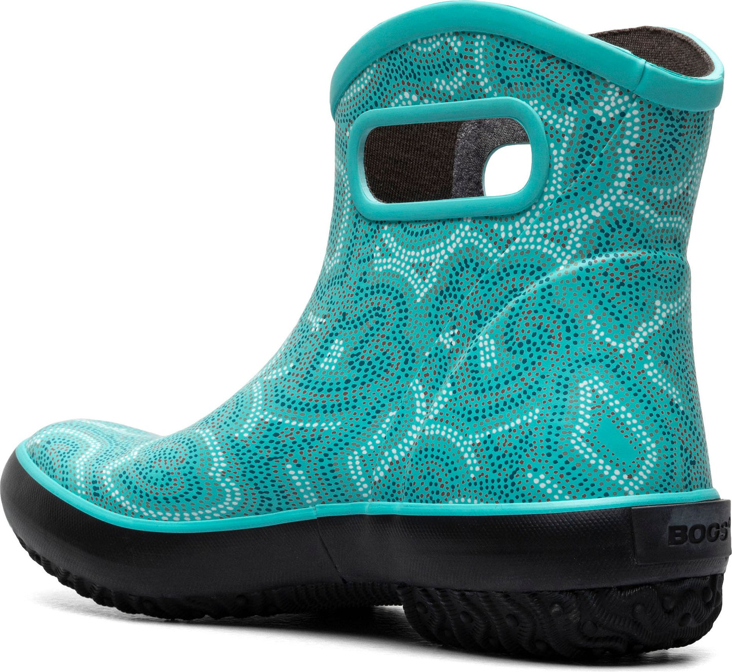 Turquoise rubber ankle boot with white swirling dot pattern and black sole, featuring pull holes for easy on and off.