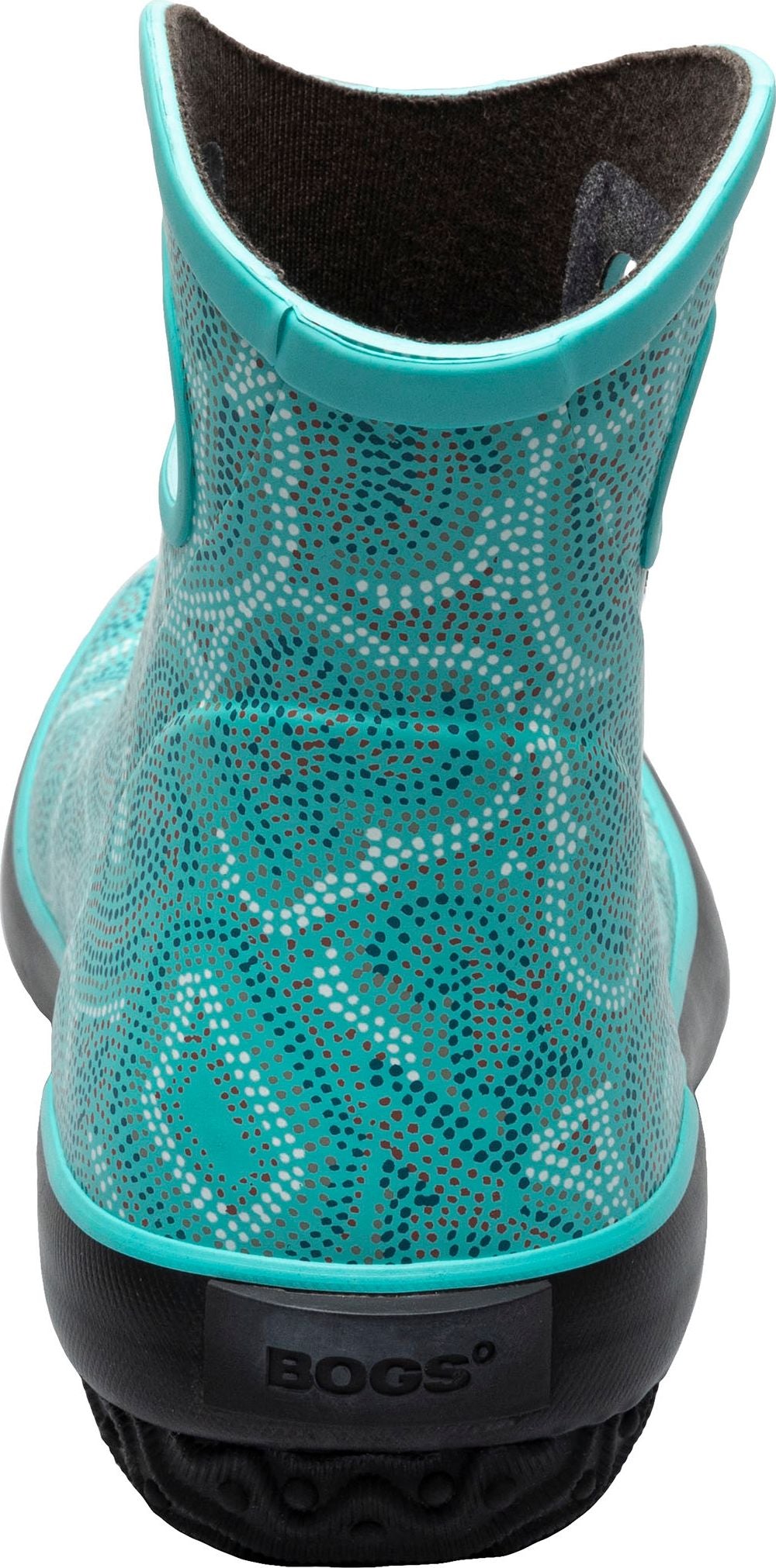 A turquoise boot with white polka dots and a black sole.