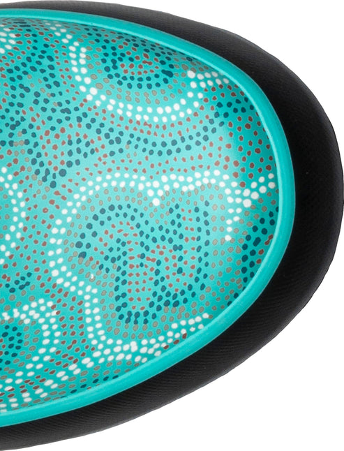 Close-up of teal, white, and brown dotted pattern with a teal rim and a black edge.