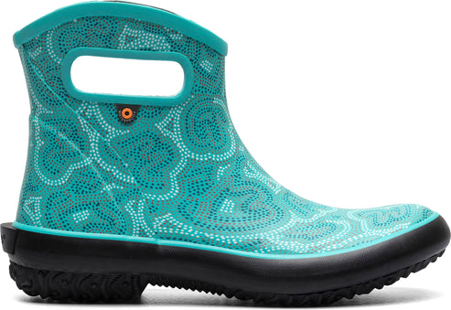 Teal rain boot with white dots and a black sole.
