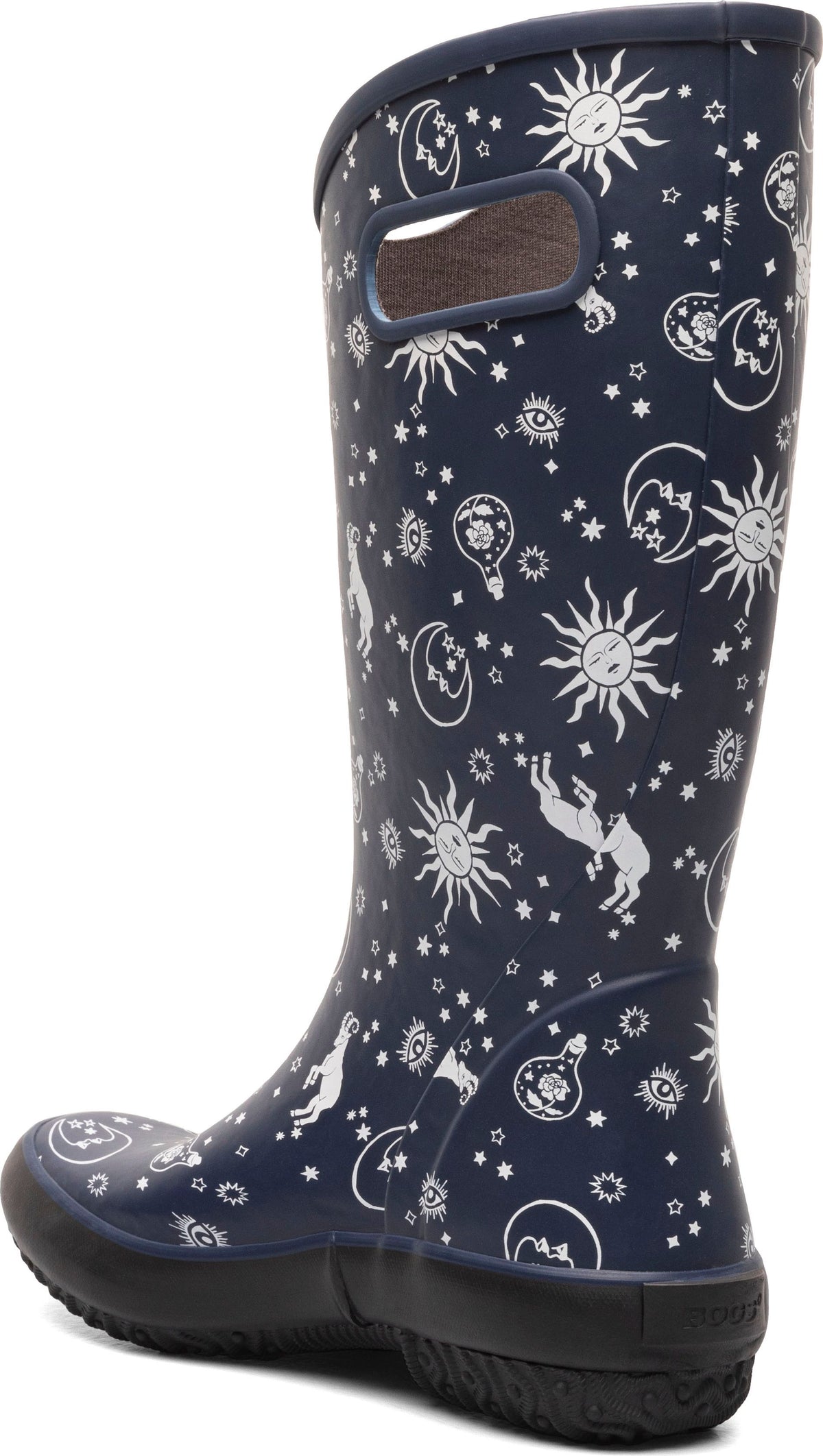 Tall, navy rain boot with white sun, moon, star, and unicorn pattern, with a black sole.