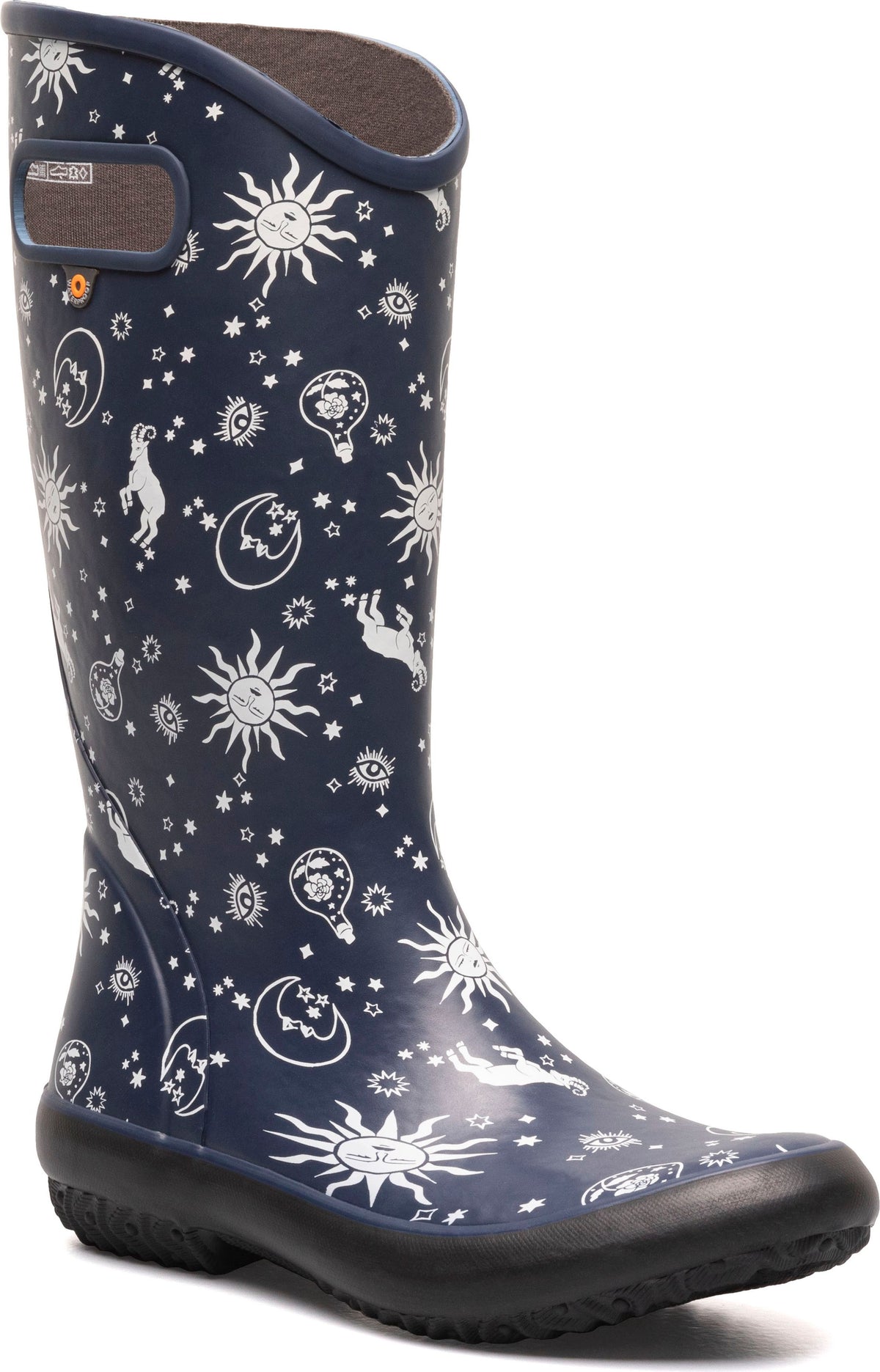 Navy blue rain boot with white sun, moon, and star pattern.