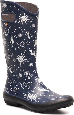 Navy blue rain boot with white sun, moon, and star pattern.