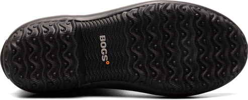 Close up of a dark shoe sole featuring a patterned tread design and the Bogs logo.