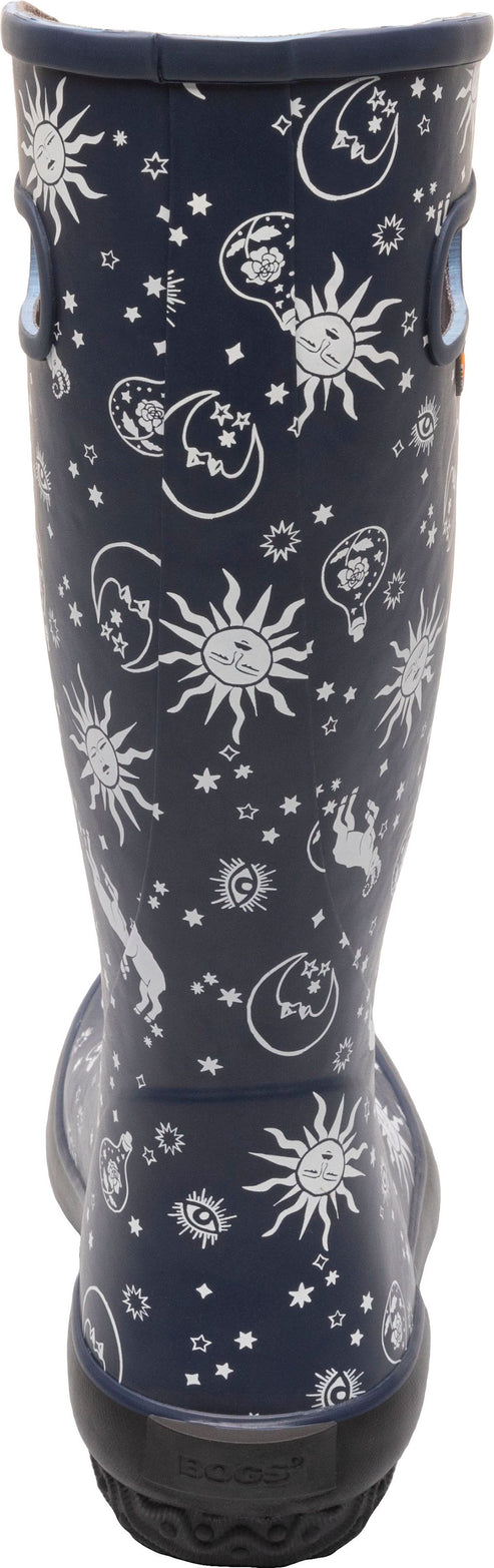 Rain boot with sun, moon, and star pattern.