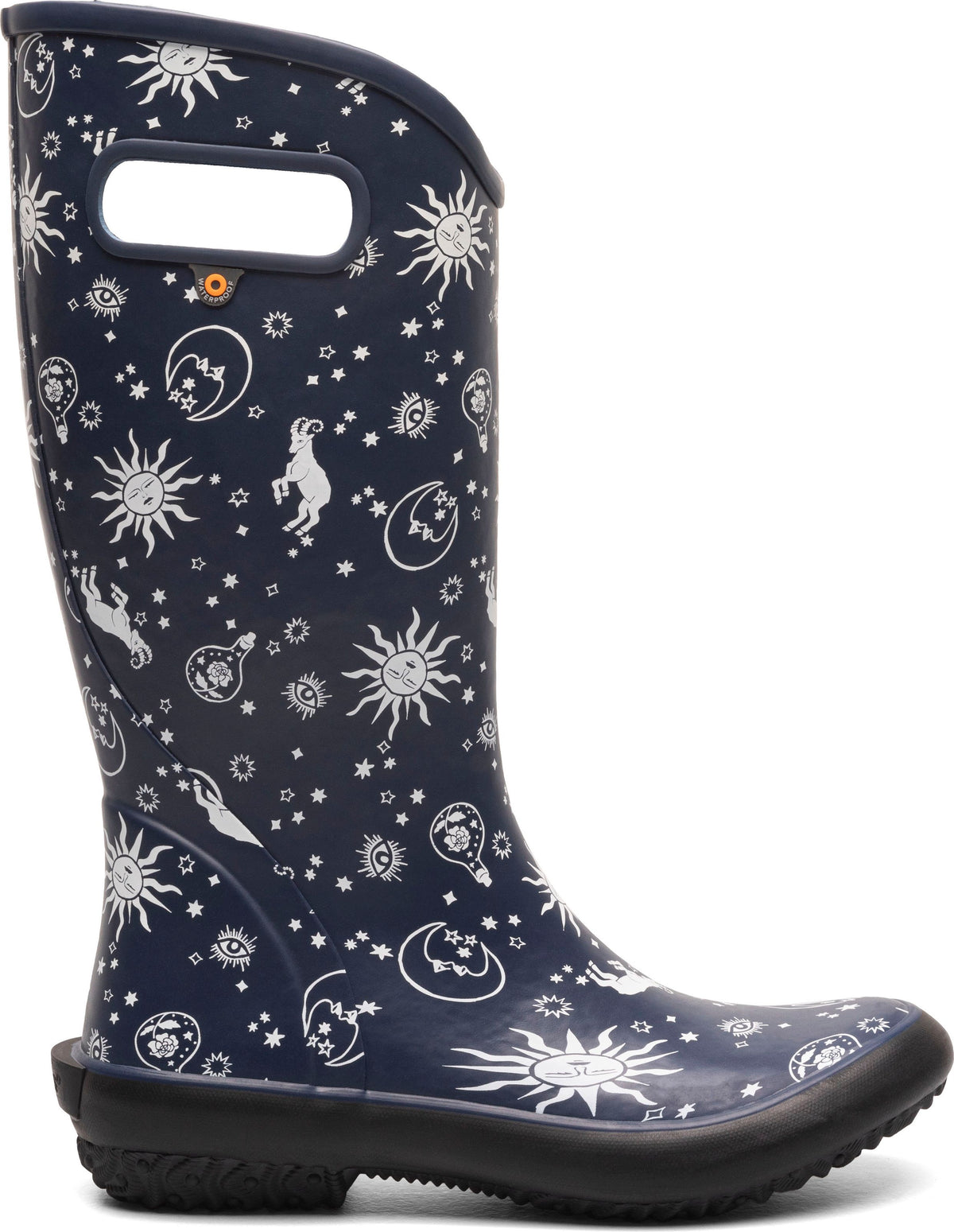 Tall, navy blue rainboot with white sun, moon, star, and animal illustrations, with a black sole and carry handles.