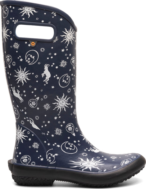 Tall, navy blue rainboot with white sun, moon, star, and animal illustrations, with a black sole and carry handles.