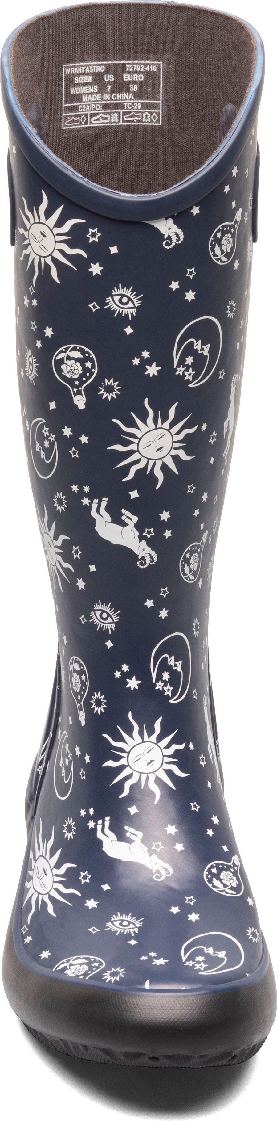 A tall rainboot with a cosmic sky pattern.