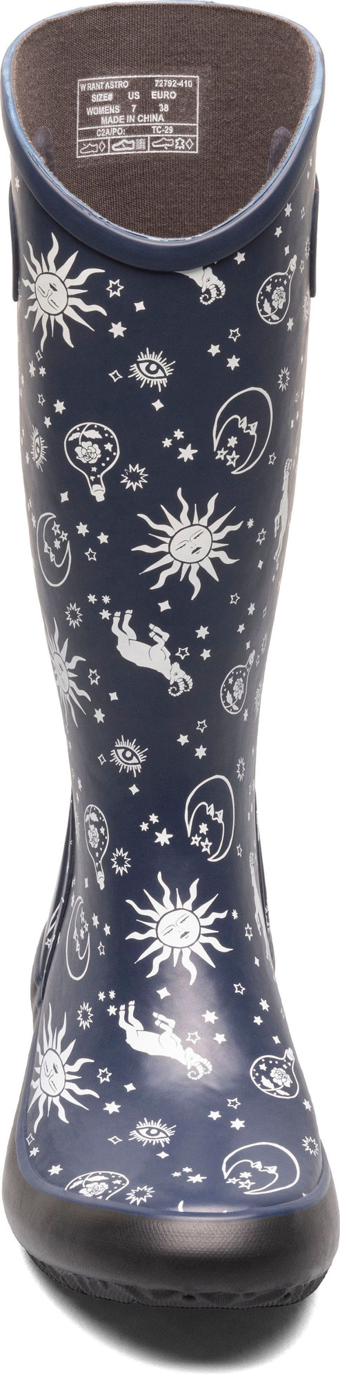 A tall rainboot with a cosmic sky pattern.