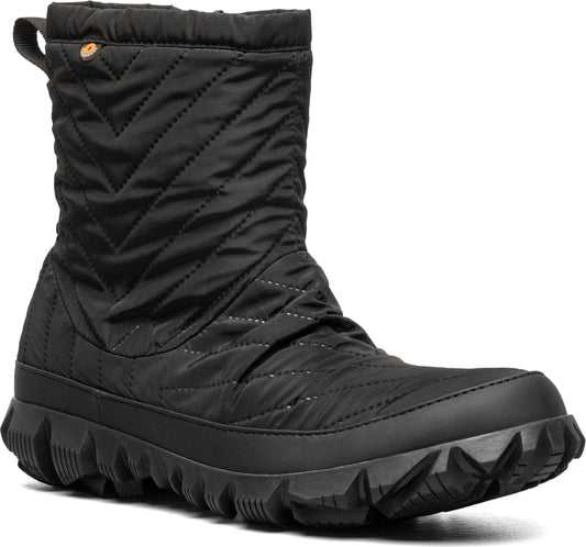 A black quilted boot with a thick, lugged sole and a loop on the back.