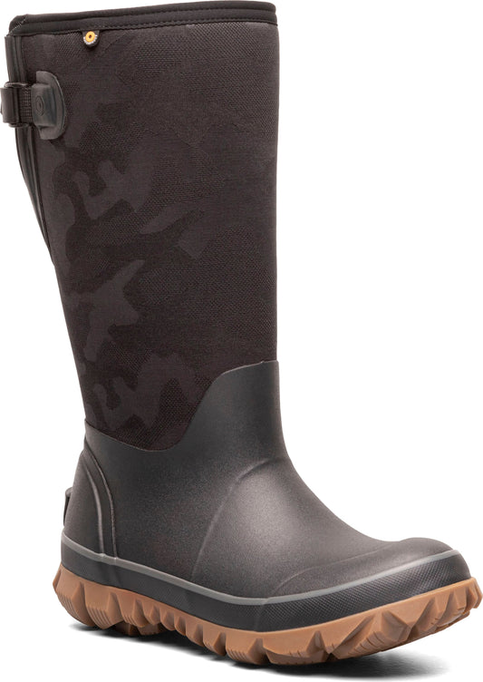 Tall brown rubber boot with camo shaft and buckle.