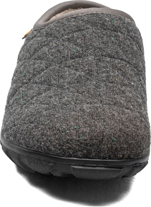 A gray, quilted, backless slipper with a dark sole and gray trim.