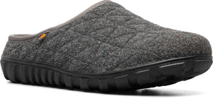 A gray, quilted slipper with a black sole.