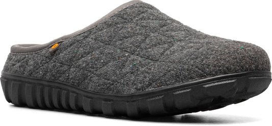 A gray, quilted slipper with a black sole.