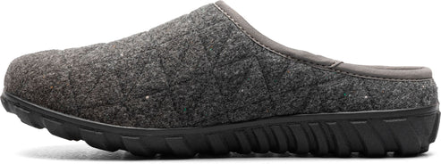 A grey quilted-fabric slip-on shoe with a black sole.