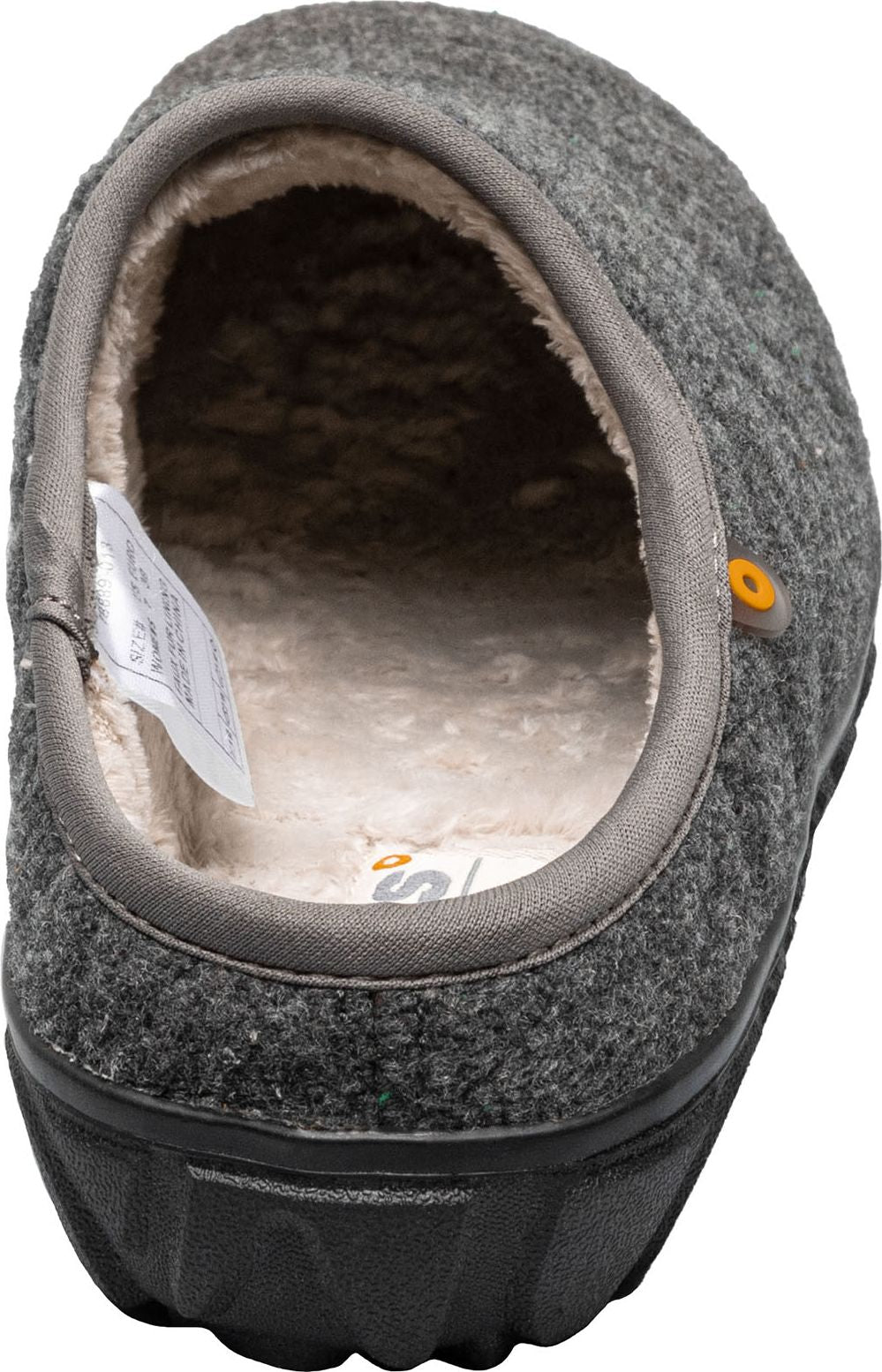 A gray clog-style slipper, lined with a light cream-colored, soft-looking interior.