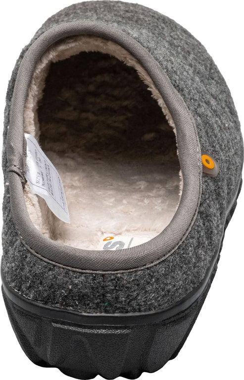 A gray clog-style slipper, lined with a light cream-colored, soft-looking interior.