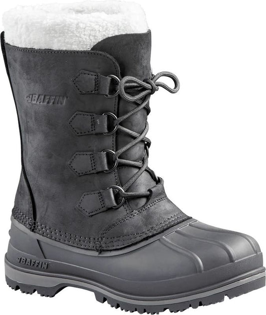 Black winter boot with white fur trim and lace-up closure.