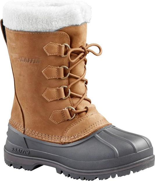 Tan leather boot with grey rubber base, lace-up closure, white faux-fur trim.