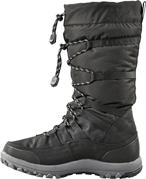 Black, knee-high puffer boot with a gray sole and laced closure.